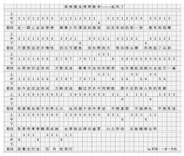 原神镜花之琴起风了怎么弹 起风了乐谱分享
